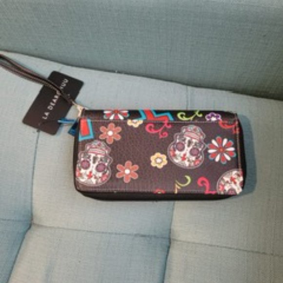 Big black leather wallet with sugar skull - Picture 2 of 3